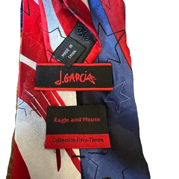 J Garcia Eagle and Mouse Silk Tie Red White and Blue 3-1/2" x 59" - Picture 2 of 3